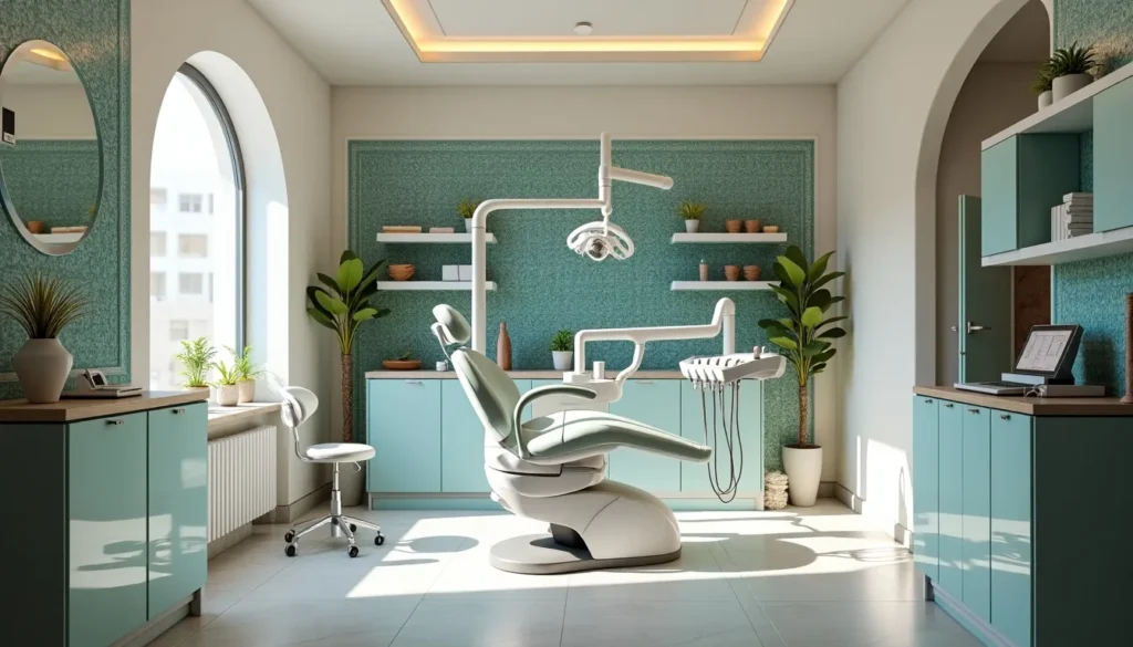 Modern Moroccan dental clinic with Zellige tiles and dental equipment.